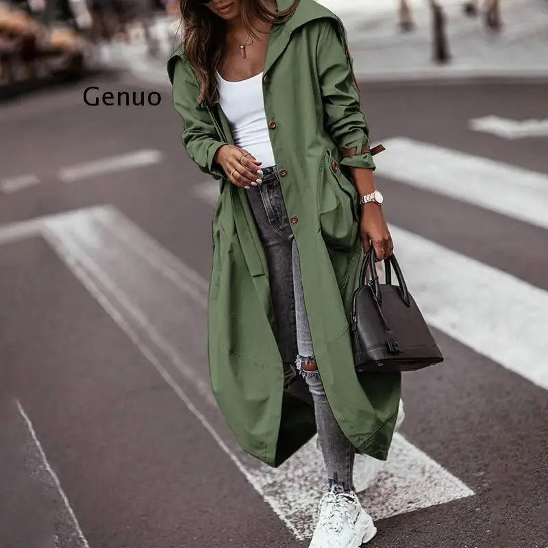 

Femme Long Sleeve Solid Wide Waisted Trench Casual Women Streetwear Pockets Outerwear Single Breasted Turn Down Collar Jackets