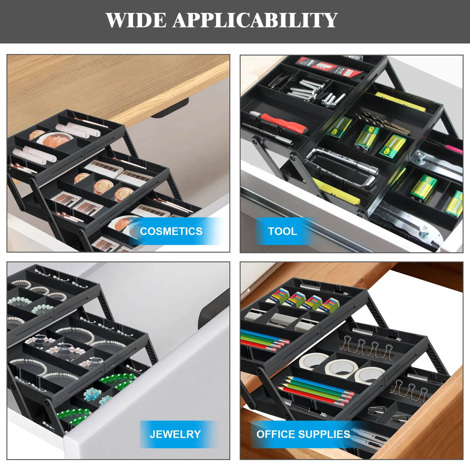 Folding Drawer Organiser, Expandable Multi-Layer Organiser Tray Box, Jewellery & Cosmetics Storage Drawer Organiser Shelf