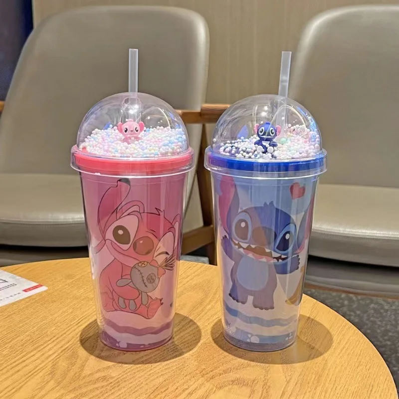 Tazza D'Acqua 450Ml Disney Stitch Straw Cups Anime Cartoon Stich Bottiglia D'Acqua Portatile Per Bambini In Plastica A Doppio Strato Per Regali Per Ba