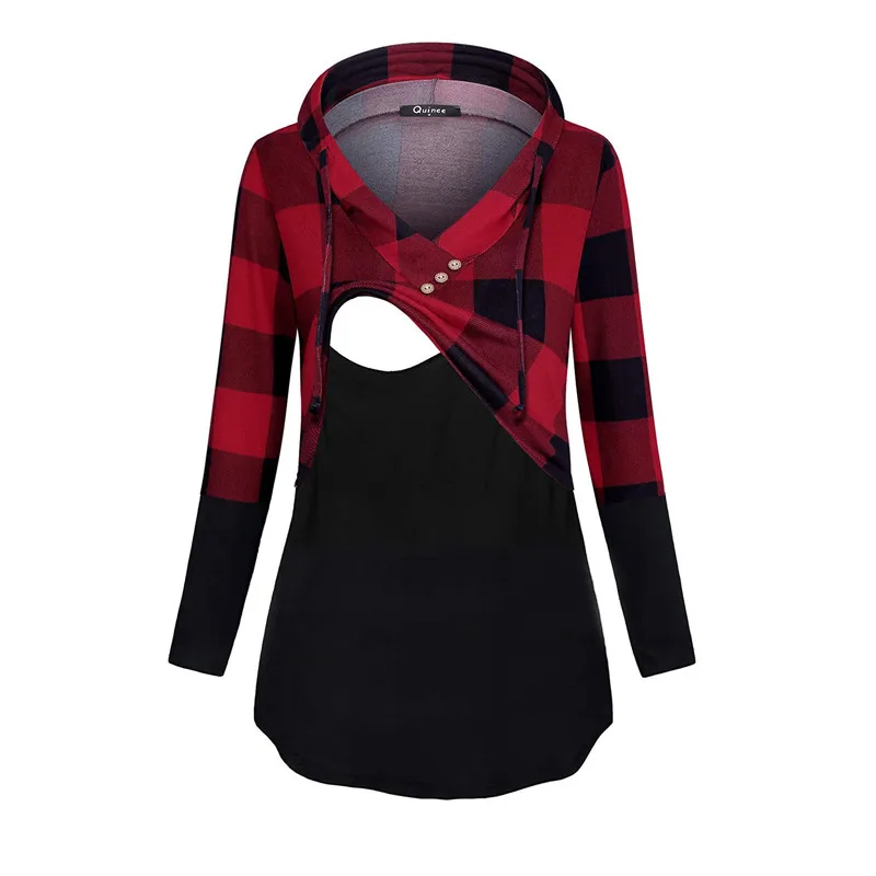 Maternity Nursing Hoodie Jersey Plaid Long Sleeve Hooded Pullover Tops Nursing Wear Sweatshirt For Women