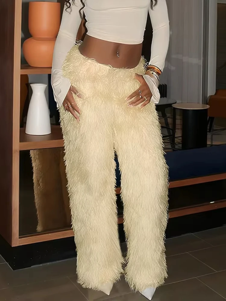 Nibber Plush Tassels Pants Women Elastic High Waist Unique Straight Casual Autumn Trend Street Wild Hottie Chic Street Bottoms