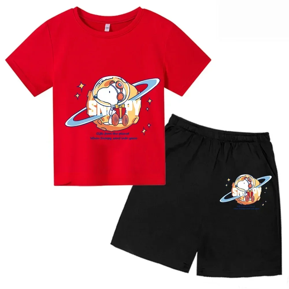 thumbnail image 1 of Conjunto de camiseta de verano con estampado de Snoopy para niños y adolescentes, camiseta de algodón de manga corta y pantalones cortos, traje de 2 piezas, ropa de moda para niños, 1 of 5