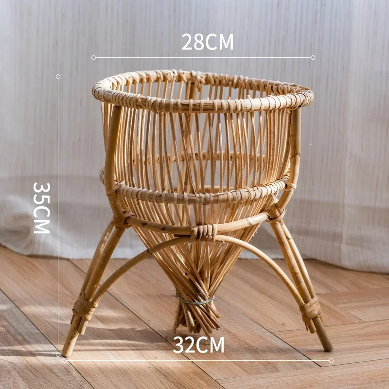 Creative Landing Flower Stand Green Plant Potted Showcase Natural Rattan Woven Basket for Living Room Balcony Shelving Display