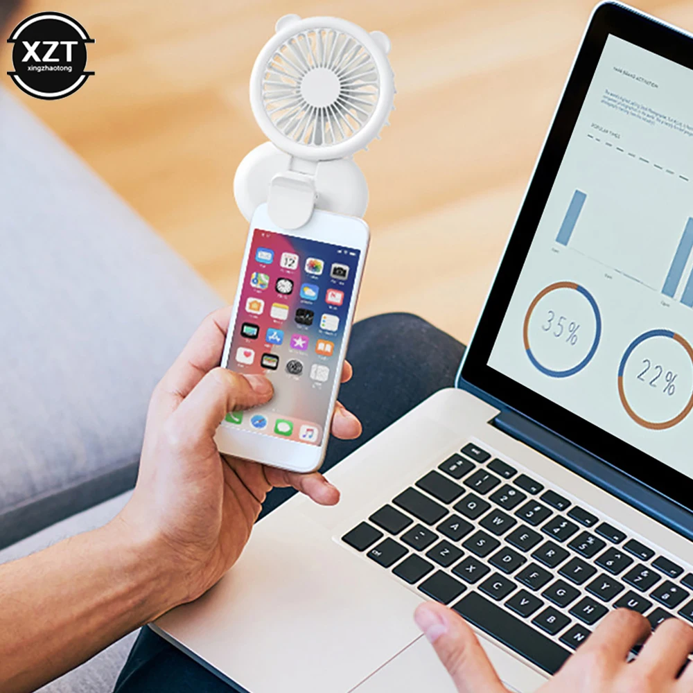Mini Handheld Fan with LED Fill Light Outdoor Mini Creative Desktop Office Mute Charging Portable Handheld Fan