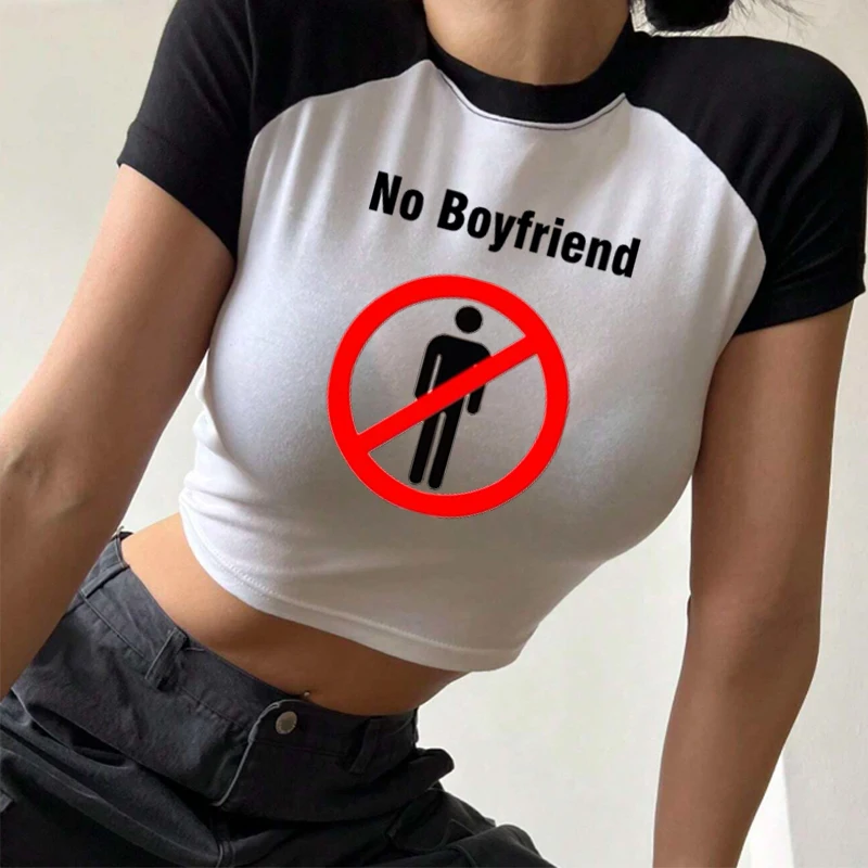 

Street Vintage No Boyfriend Clothing Women's Girls Print Women's Cropped Tops Raglan Sleeves O-Neck Baby Cropped T-Shirts