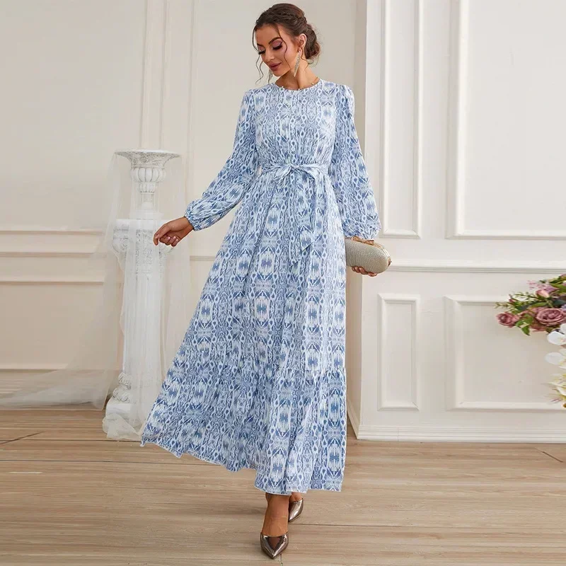 

O-neck High-waisted A-line Dress Fashion Long- Sleeve Slim Printing Dresses Elegant Casual Summer Solid Color Dress for Women