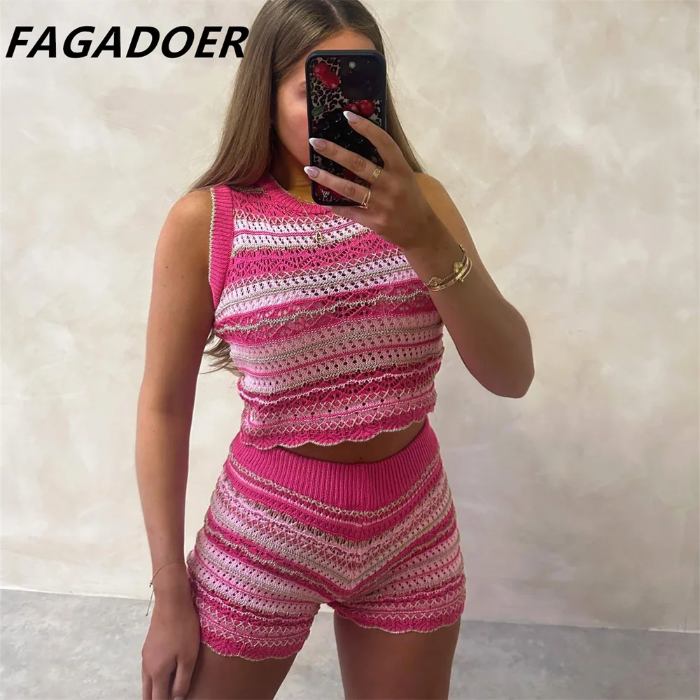 FAGADOER Fashion Y2K Pink Striped Knitting Two Piece Sets Women O Neck Sleeveless Crop Top And Shorts Outfits Female Streetwear