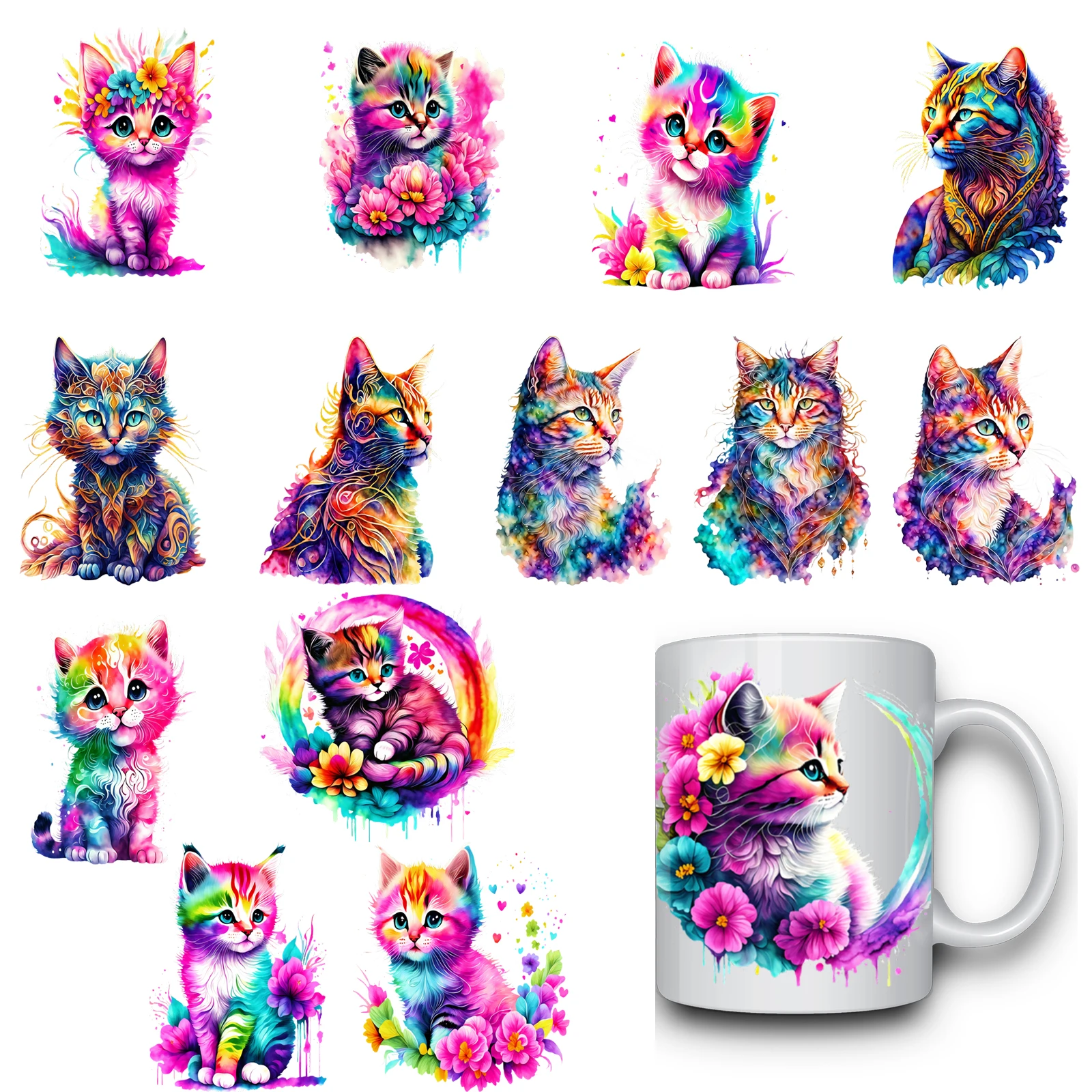 14pcs Cute Flower Cat UV DTF Transfer Stickers Waterproof for DIY Crafts 16 oz glass