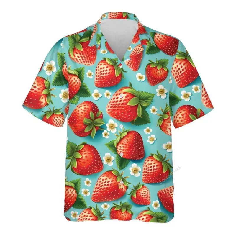 thumbnail image 1 of Camisa hawaiana con estampado 3D de fresa y kiwi para hombre, camisa hawaiana de verano con frutas tropicales, blusa de manga corta con botones para playa, 1 of 4
