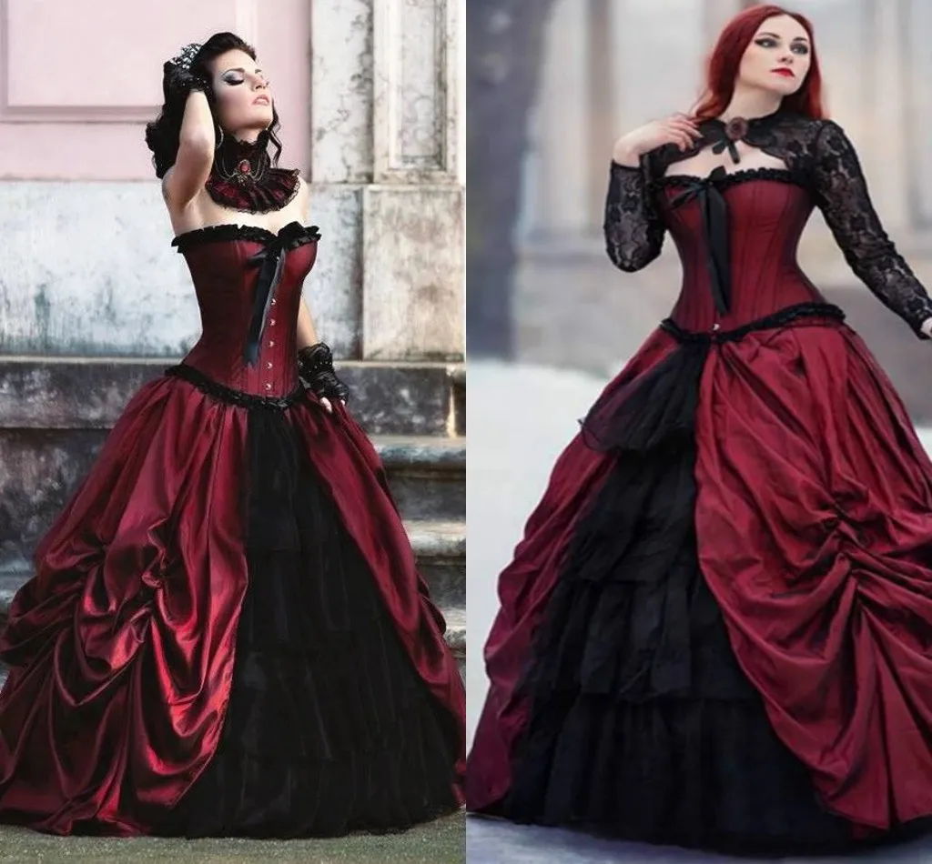 

Victorian burgundy and Black Wedding Dresses with Jacket Plus Size Gothic Applique Lace-up Corset Pleated Beauty Bride Gowns