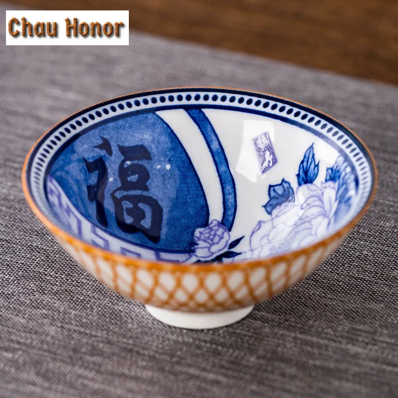 1 PCS Handmade Blue and White Porcelain Teacup Travel Ceramic Tea Bowl Anti Scaling Hand-Painted Cone Cup Meditation Cup Tea Set