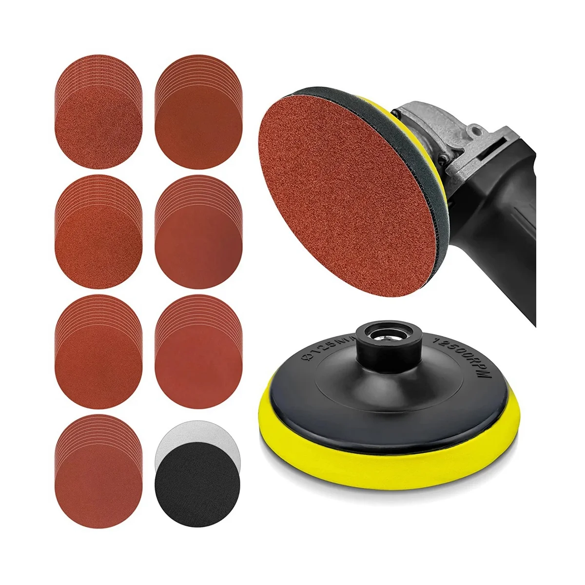 

5 Inch Sanding Pad with 70Pcs Sanding Discs and 2Pcs Foam Buffering Pads, Angle Grinder Attachments with 5/8-11 Threads