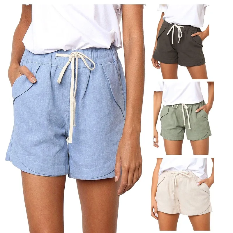 

2023 Summer Women's Shorts Fashion Casual Pocket Elastic Waist Shorts Summer Trousers Fashion Solid Color Drawstring Shorts