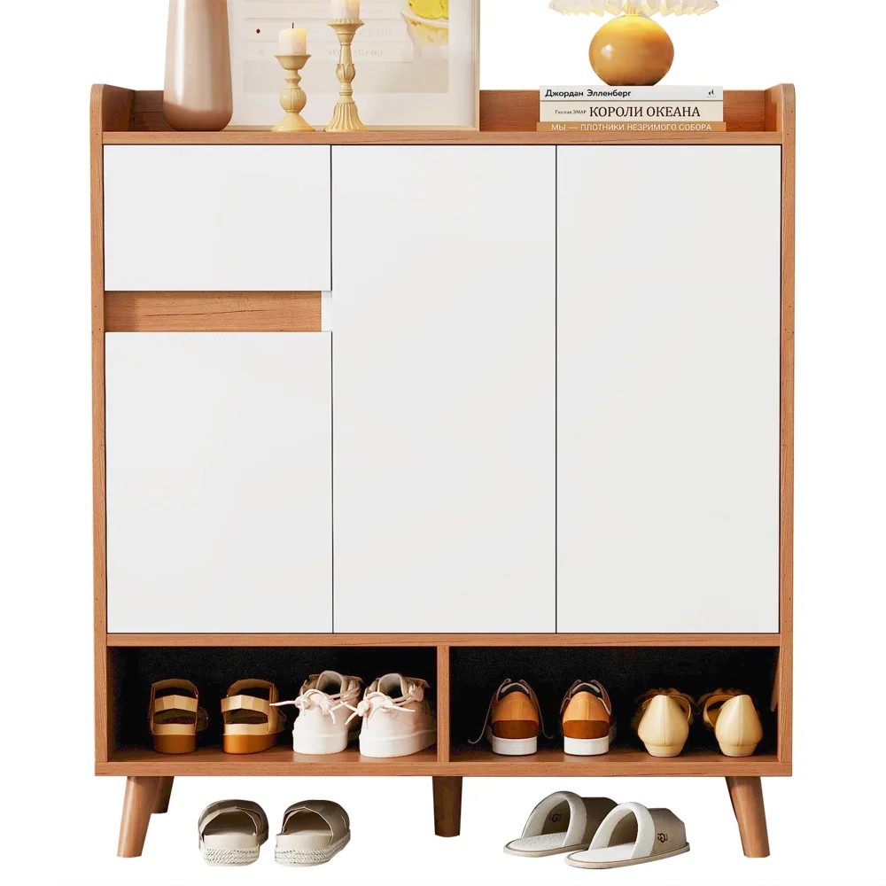 Closet Sideboard Shoe Wardrobe with Adjustable Folding Minimalist Design and Solid Wood Legs Organizer