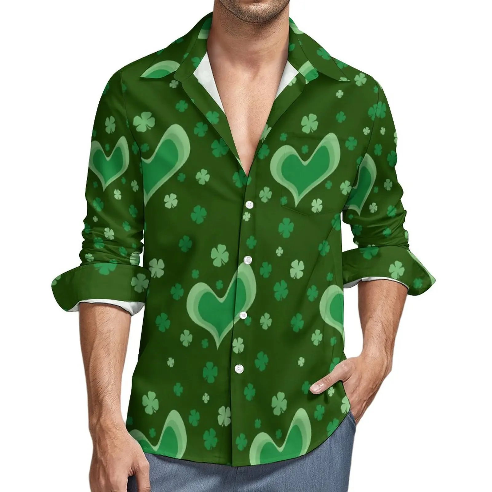 

Green Hearts Print Shirt Autumn St Patrick's Day Casual Shirts Men Fashion Blouses Long Sleeve Custom Street Style Tops Big Size
