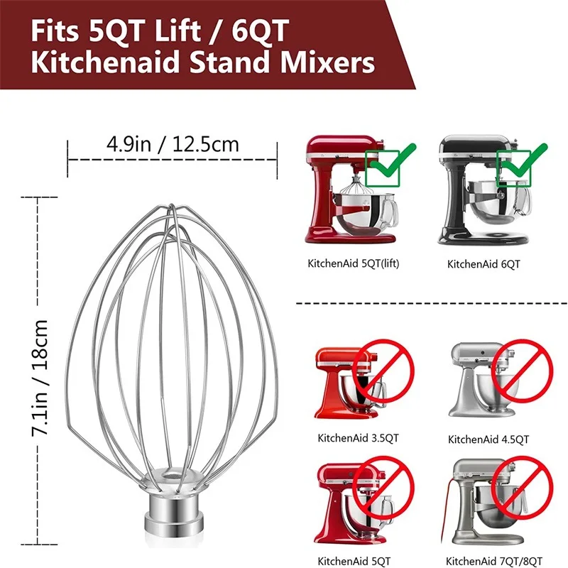 5Q 6Q Wire Whip Attachment for Tilt Head Stand Mixer for KitchenAid Stainless Steel Egg Cream
