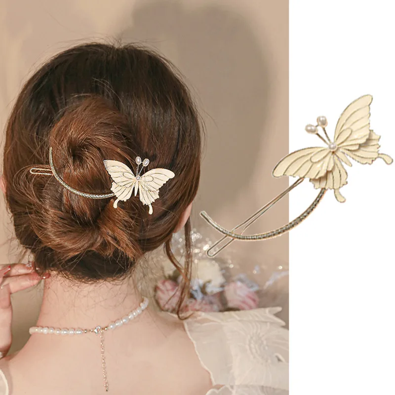 

2023 New Drip Oil Butterfly Pearl One-Word Clip High-End Sense Large Hairpin Female Back Head Buckle Metal Ponytail Clip Jewelry