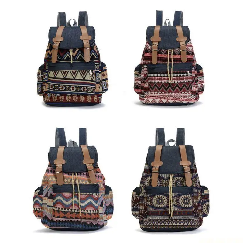 X90D 여성 캔버스 Vintinge 배낭 민족 배낭 보헤미안 배낭 Schoolbag Daypack