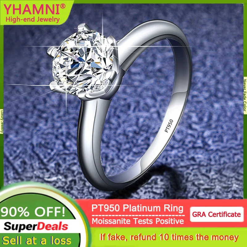 

YHAMNI Luxury PT950 Platinum Moissanite Diamond Ring Solitaire VVS 0.5 Carar / 1 Carat Wedding Band Fine Jewelry For Women