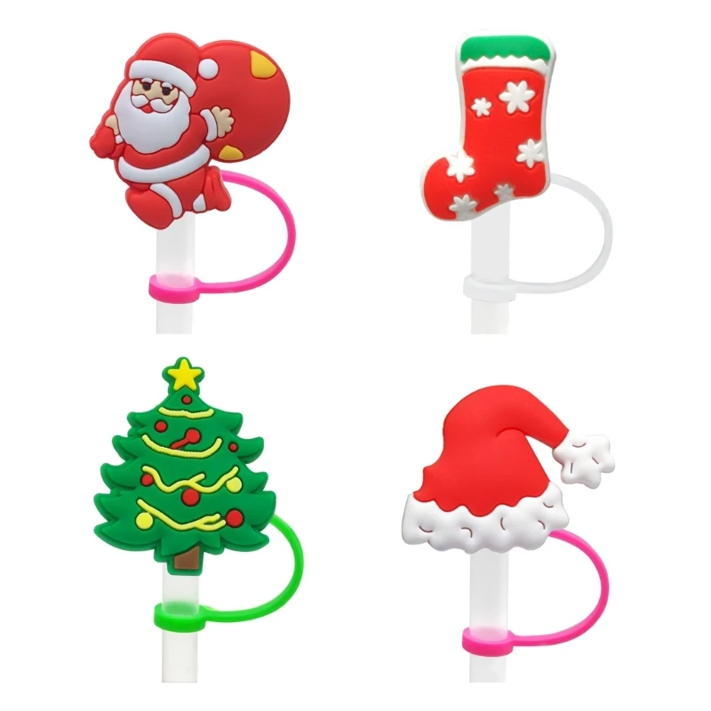 

4xDurable Straw Covers Portable Dust Proof Straw Toppers Lid Christmas Cartoon Straw Tip Covers Reusable Straw Toppers