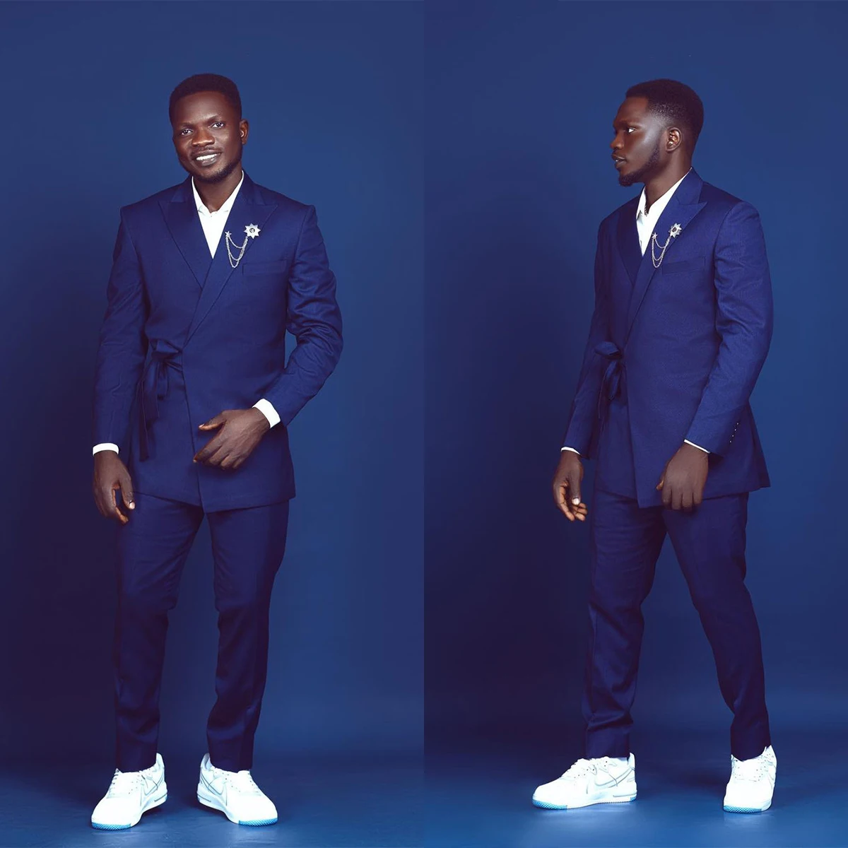 

Royal Blue Men Suits Tuxedo Peaked Lapel Belt Customized 2 Pieces Blazer Design Pants Tailored Fashion Multi-scenario Modern