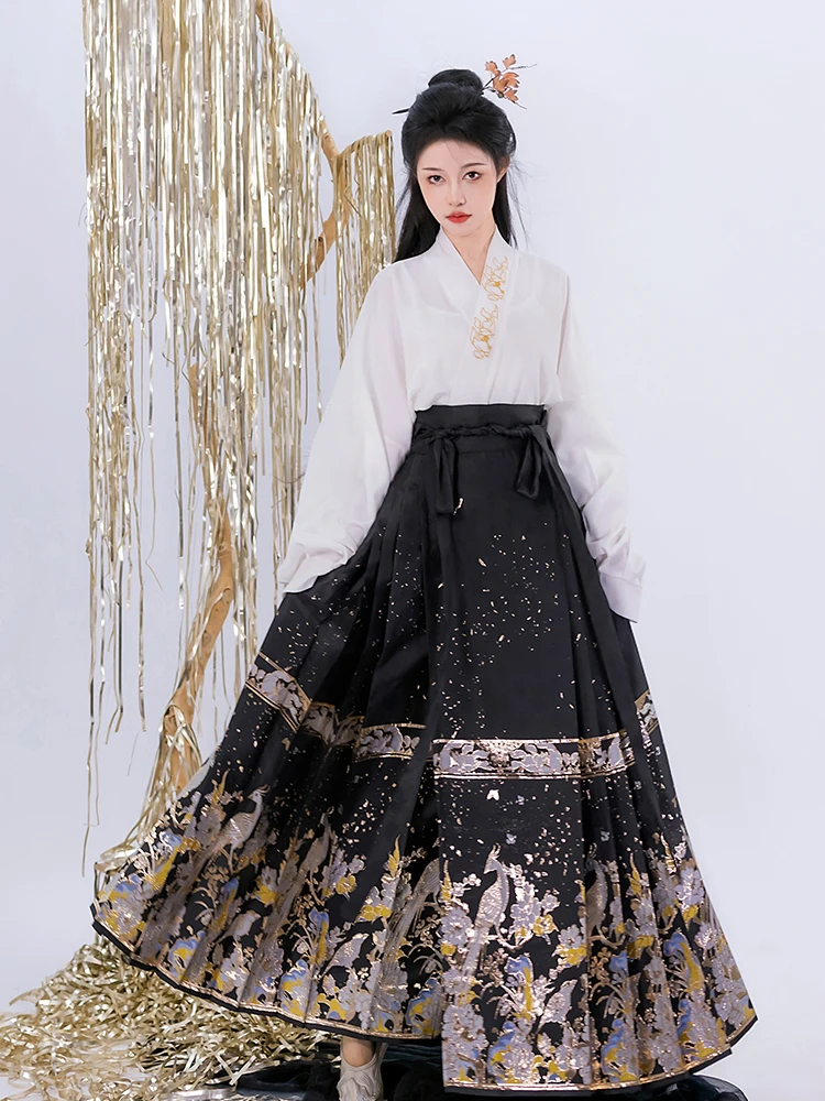 Horse Face Skirt Ming Dynasty China Hanfu Women's Dress Weaving Gold Skirt Daily Style Horse Face Pony Traditional