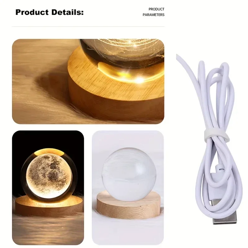 3D Galaxy Crystal Ball USB Moon LED Night Lights Wooden Base Glass Sphere Lamp Christmas Decorations Home Ornament Birthday Gift
