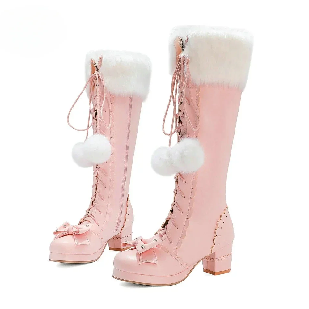 

Lolita High Boots Winter Warm Fur Neck Girls Cosplay Party JK Princess Shoes Lace Up Bowtie Chunky Heel Side Zipper PU Leather