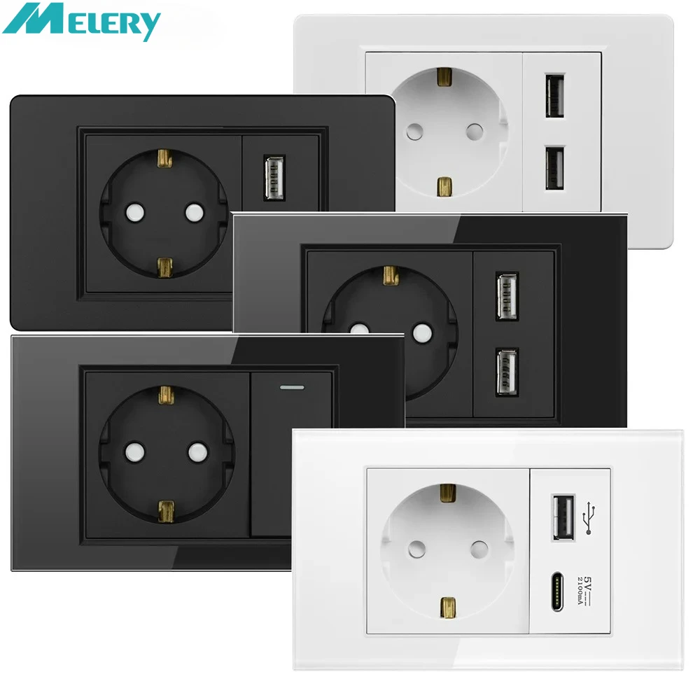 Melery-enchufe europeo para pared, enchufe USB tipo C, interruptor de ...