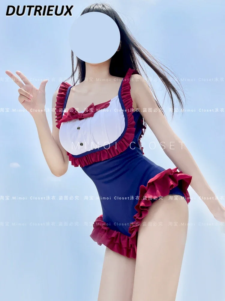 

Japanese Cute Maid Costume Girl Sleeveless Swimsuit Pure Desire Style Sexy Siamese Hot Spring Swimming Bathing Suit for Women