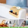 Sofa Arm Tray Bamboo Couch Arm Tray with Basket Foldable Nonslip Splash Proof Sofa Organizer Tray Sofa Arm Table for Drink Snack 2