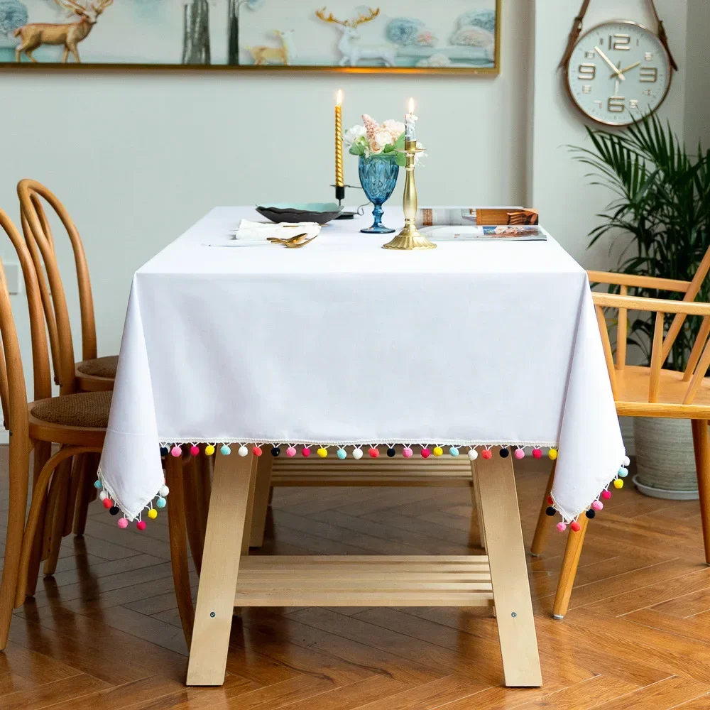

White Tablecloth for Table Small Ball Decoration Linen Cotton Tablecloth Party Dining Tables Cover Rectangular Table Cloth