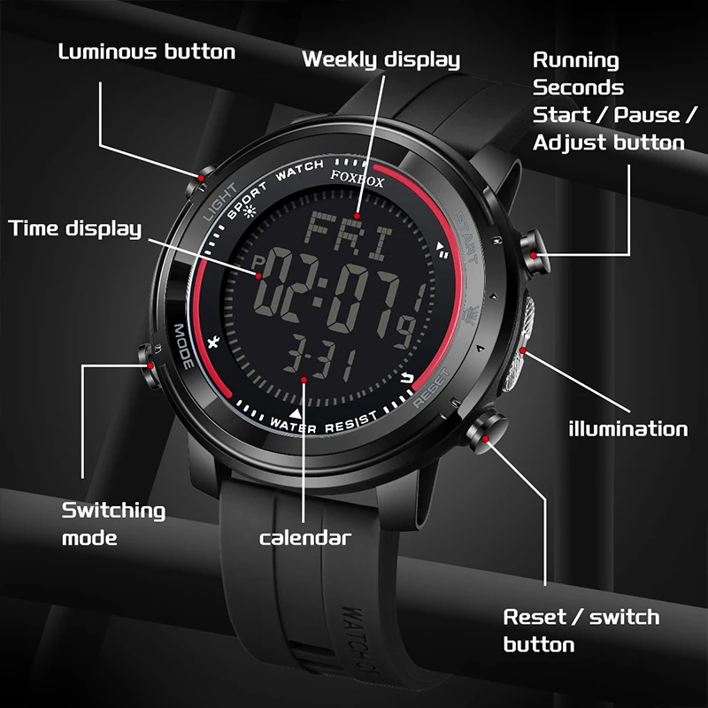 Fashion Men Watches LED Luminous Calendar Mens Digital Watch Waterproof Outdoor Sport Flashlight Chronograph Electronic Watches 5