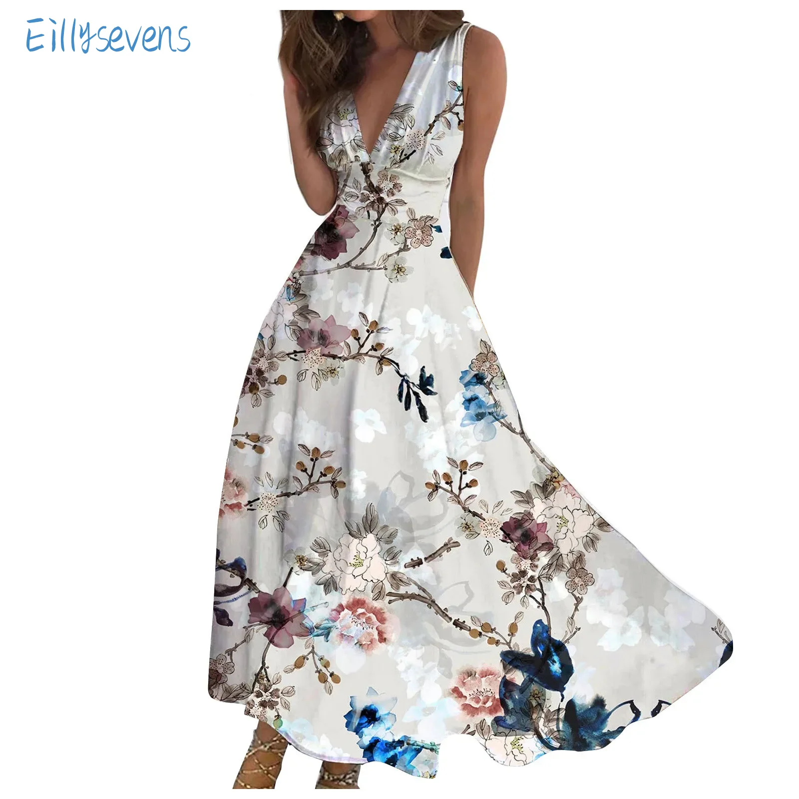 

Women'S Maxi Dress Casual Sexy Elegant Deep V Neck Dress Floral Printed Big Swing Flowy Dress Outdoor Daily Date Tank Dresses