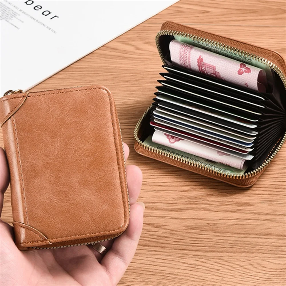 Business Card Holder Wallet Men Bank Card/ID Card/Credit Card Holder 18 Card Bits Male Coin Pouch Solid Leather Zipper Wallet