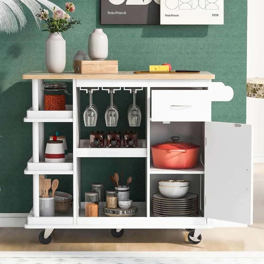 

Cabinet with Side Storage Shelves,Rubber Wood Top, Adjustable Storage Shelves, 5 Wheels, Kitchen Storage Island