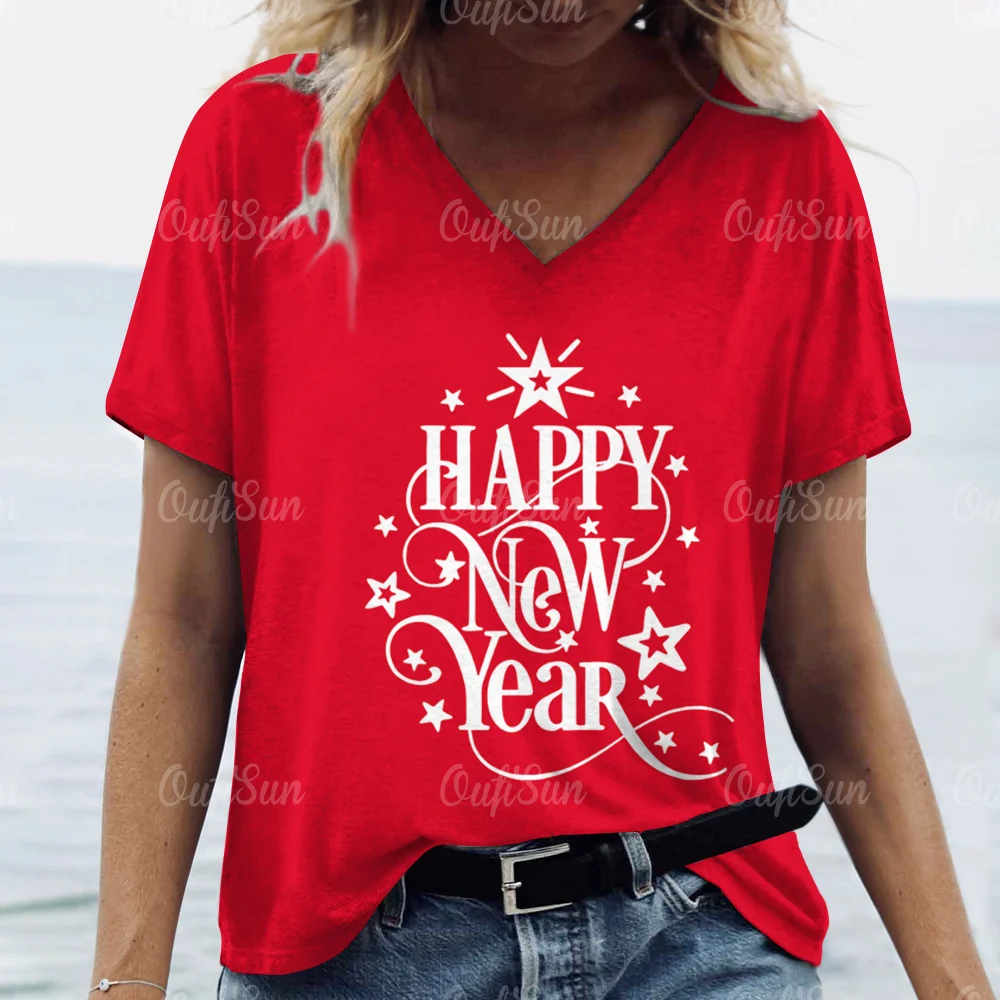 

Женская футболка с V-образным вырезом, свободные летние топы с коротким рукавом, пуловер с 3D-принтом на новый год, женская футболка, одежда Y2K, 2024