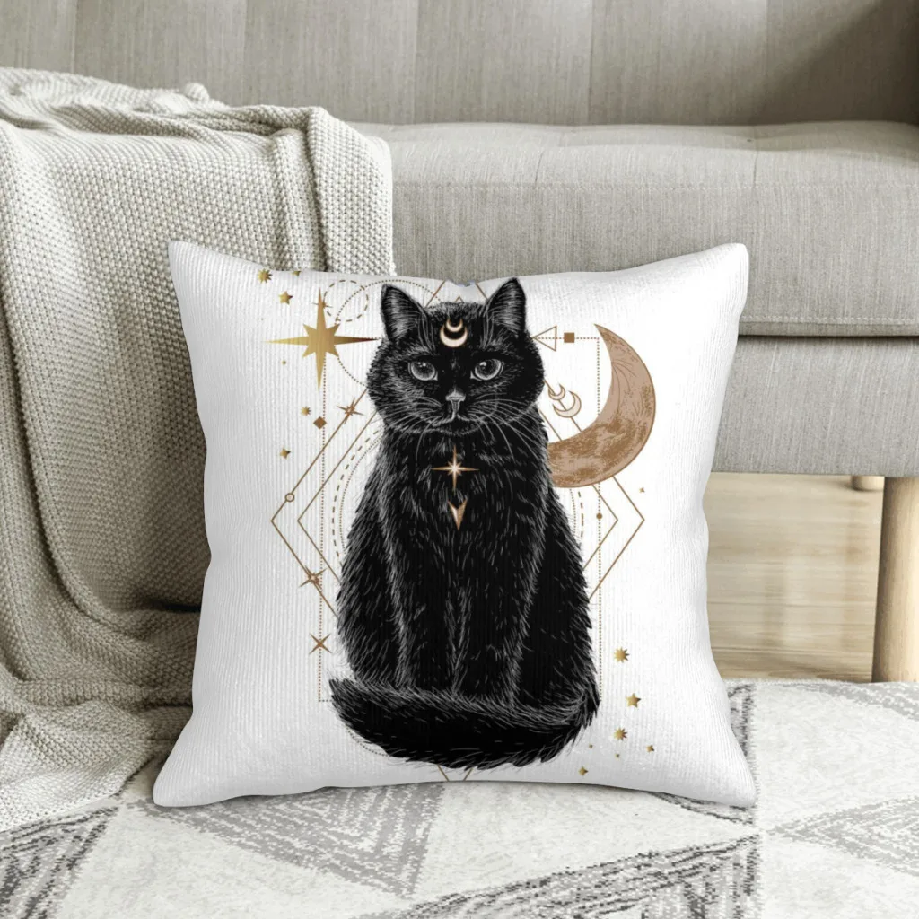 

Black Cat White Star Polyester Cushion Cover For Livingroom Office Decorative Kawaii Coussincase