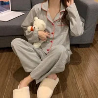 Pajamas Women Long Sleeve Trousers Summer Grey Cardigan Striped Sleepwear Loungewear Two Piece Set Ladies Nightwear Homewear - Image 2