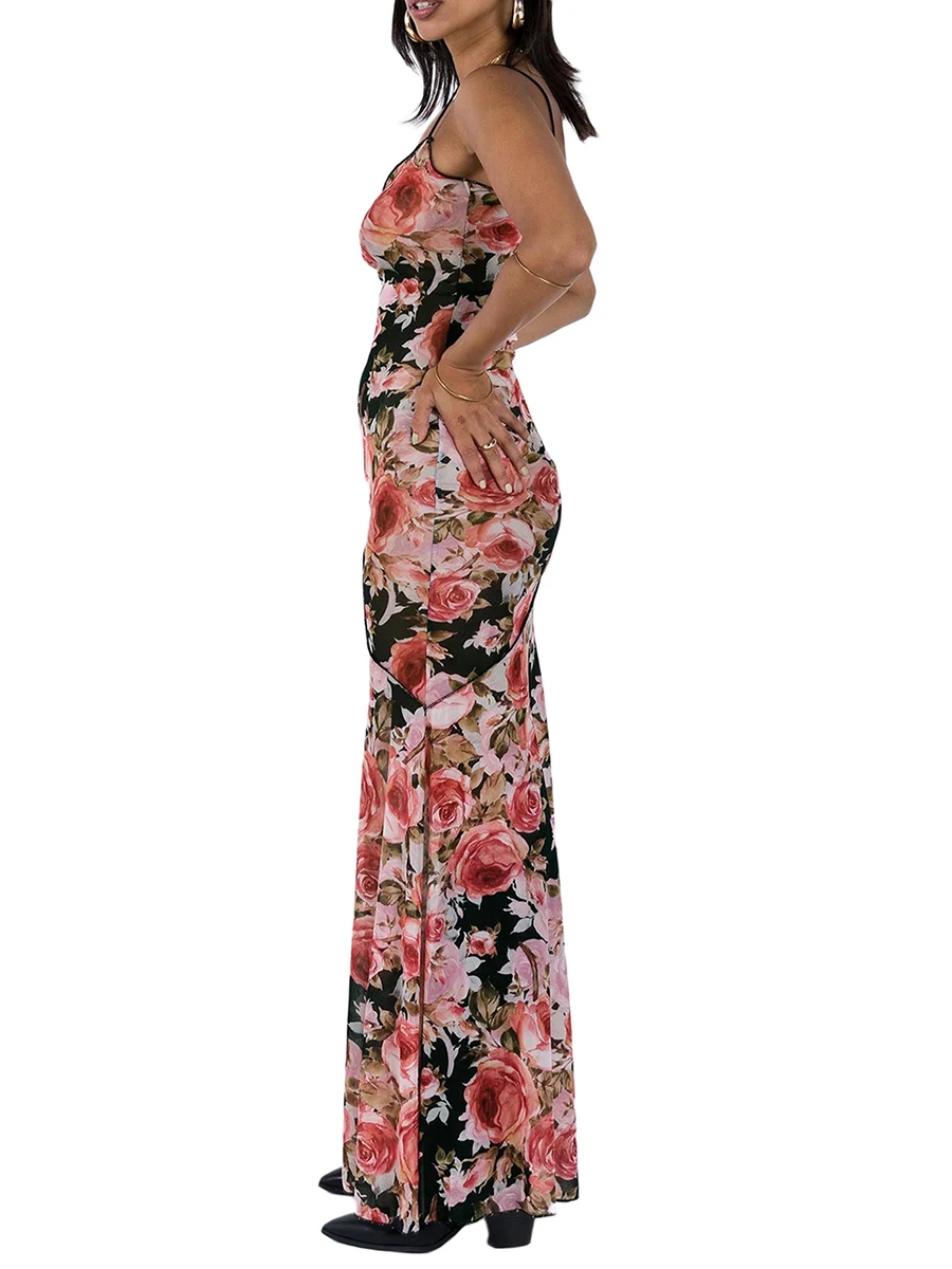 

Womens Maxi Bodycon Floral Dress Sexy Backless Low Cut Cocktail Dresses Spaghetti Strap Corest Dresses Prom Dress