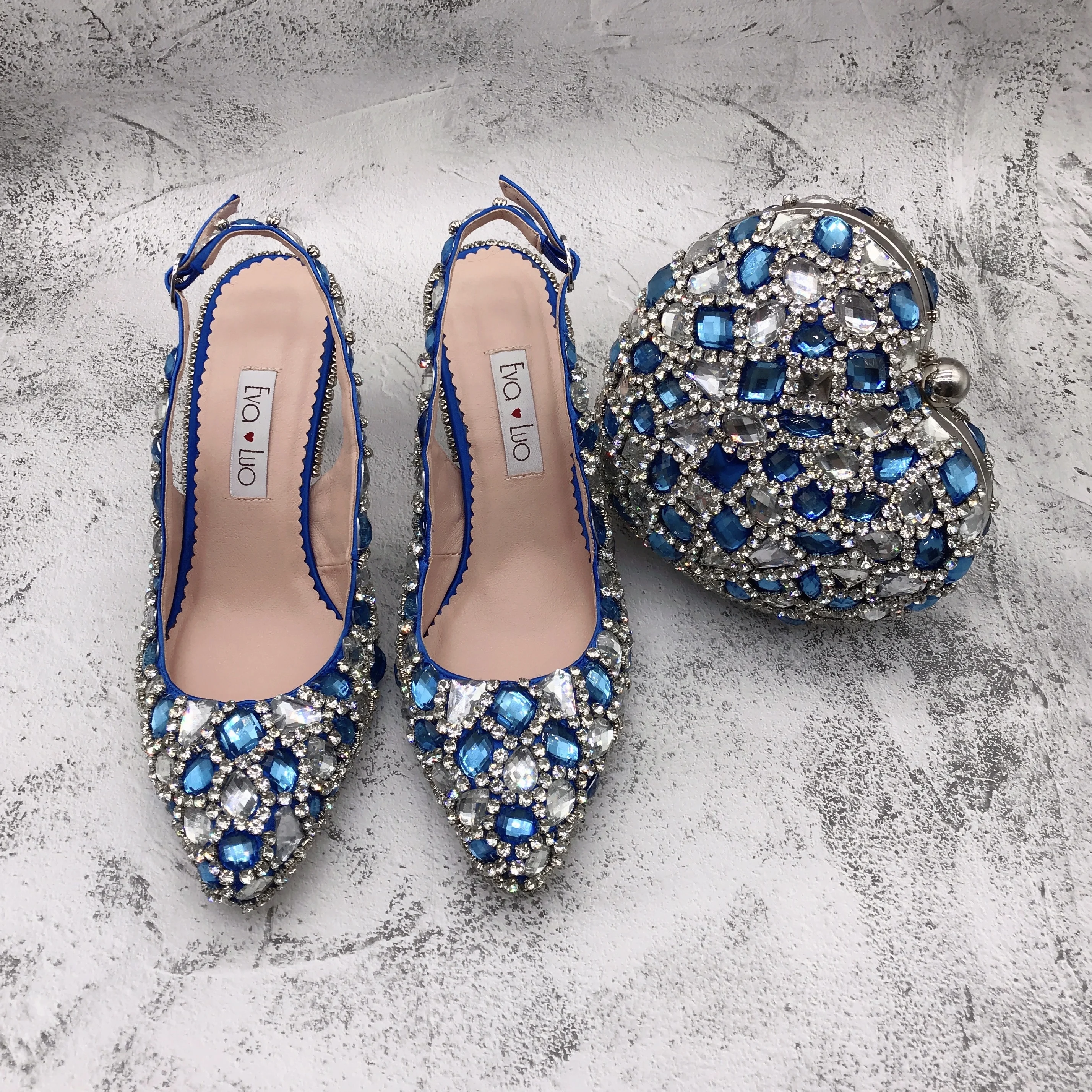 

BS1547 Custom Made High Heels Slingbacks Women Shoes Bridal Wedding Shoes Royal Blue Rhinestones Shoes With Matching Bag