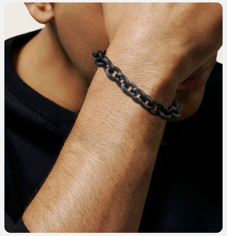 Vnox Personality Matte Surface Finish Bold Rolo Chain Armbänder für Herren, schwarzes Punk-Links-Armband aus Edelstahl – Detail 4