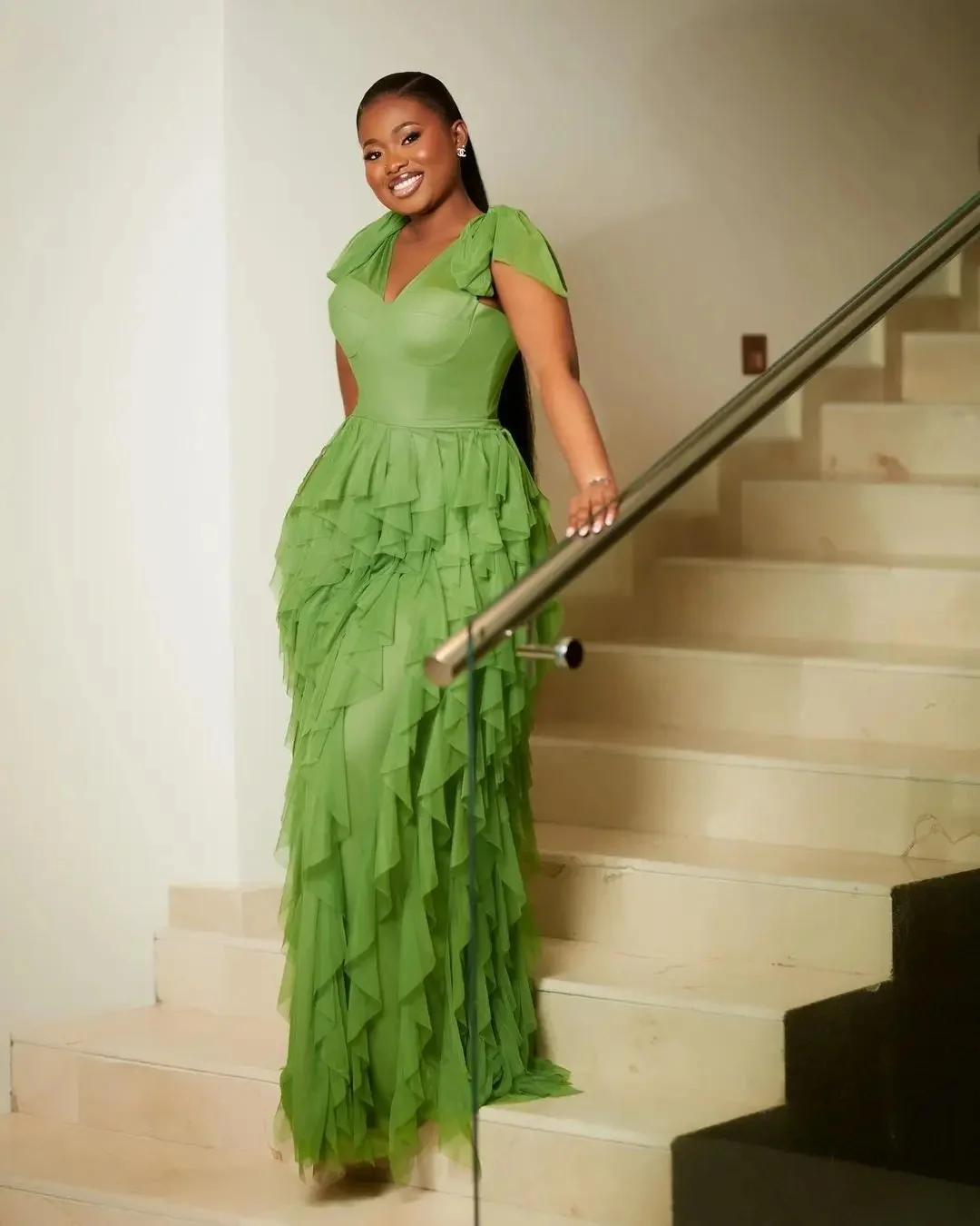 Elegant Aso Ebi Style Ruffled Chiffon Wedding Guest Dress Black Women Formal Gowns Plus Size African Green Long Evening Dresses