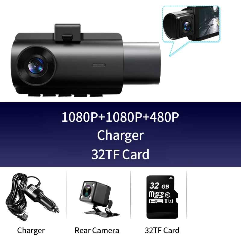 thumbnail image 1 of OBDPEAK Full HD 1080P Car DVR Dashcam 3 Cameras WDR Night Vision Dual Lens Rearview Cam Reverse Auto Video Recorder 24H Parking, 1 of 5