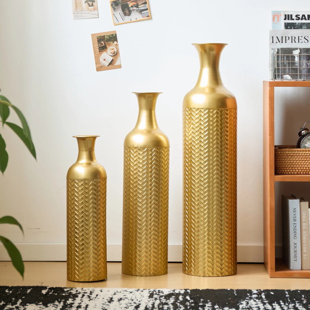 3-goldenes großes Bodenvasen-Set aus Metall (83/65/50 cm) – Retro-hohe dekorative Vasen für Wohnzimmer/Schlafzimmer, perfekt für Pampas-Zweige – Detail 20