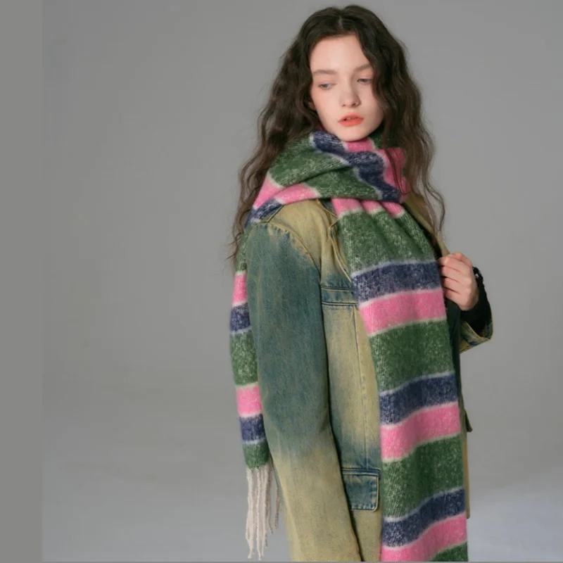 Warm and Soft Stripe Fringe Scarf for Women, Perfect for Autumn Winter, as Oneself Friends Family Gifts, Rainbow-Stripe