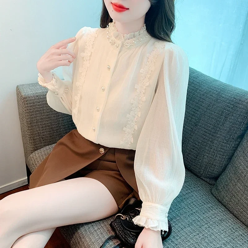 New Long Sleeve Apricot Chiffon Blouse Shirt Women Tops