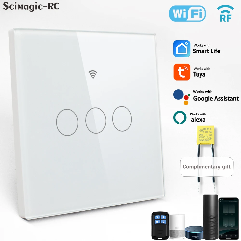สวิตช์อัจฉริยะ Tuya WiFi ใช้งานร่วมกับ Alexa ไม่ต้องใช้สายกลาง สวิตช์ไฟแบบไร้สาย RF433Mhz พร้อมรีโมทและเซ็นเซอร์สัมผัสติดผนัง 1/2/3/4 ช่อง 1