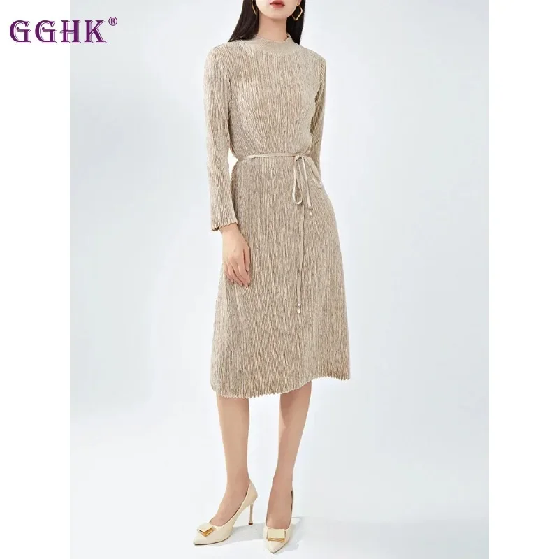 

Женское вечернее плиссированное платье GGHK Miyake, однотонное официальное платье с круглым вырезом и длинным рукавом, со шнуровкой