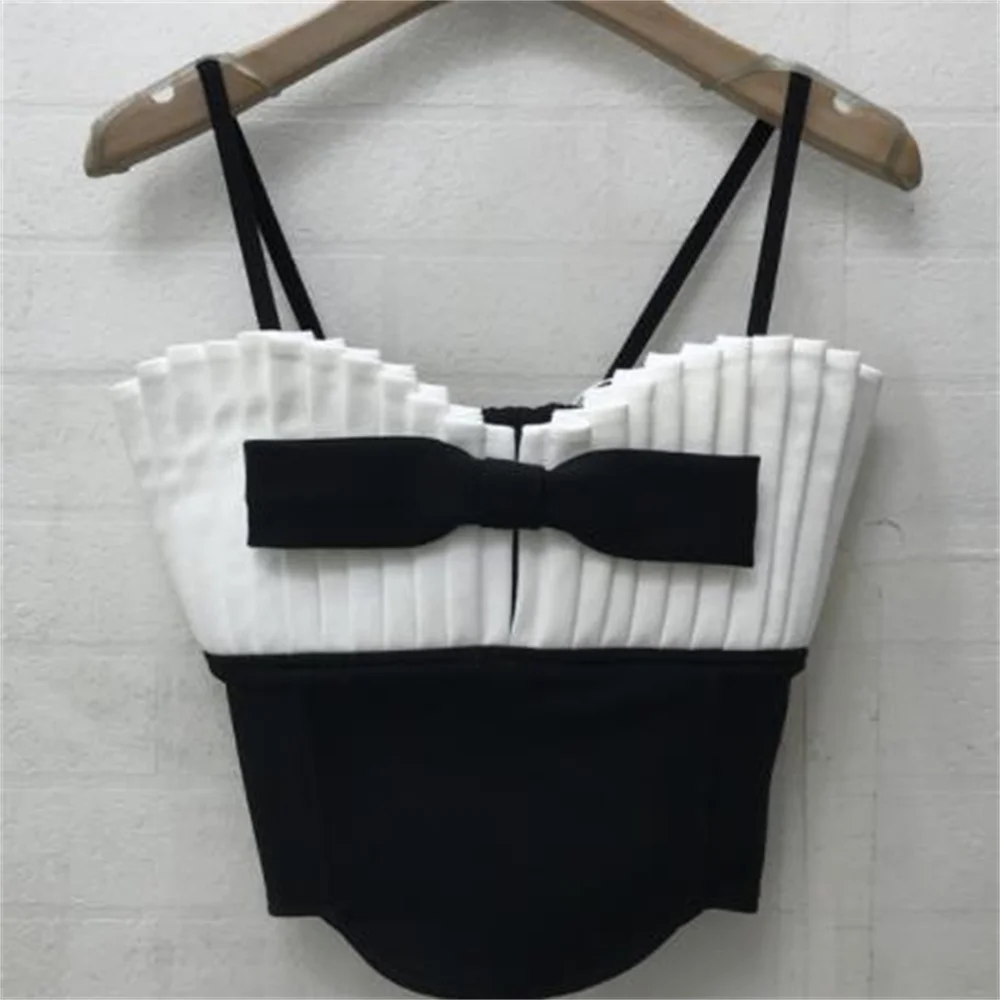 

Pleated black and white contrasting style tube top top women's new sexy hot girl bow sling tank tops playeras sin mangas